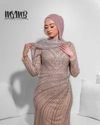 MYMB Luxury Beaded Long Sleeves Muslim Evening Gown for Wedding Party Dubai Modest High Neck Mermaid Formal Events Dress MB40149
