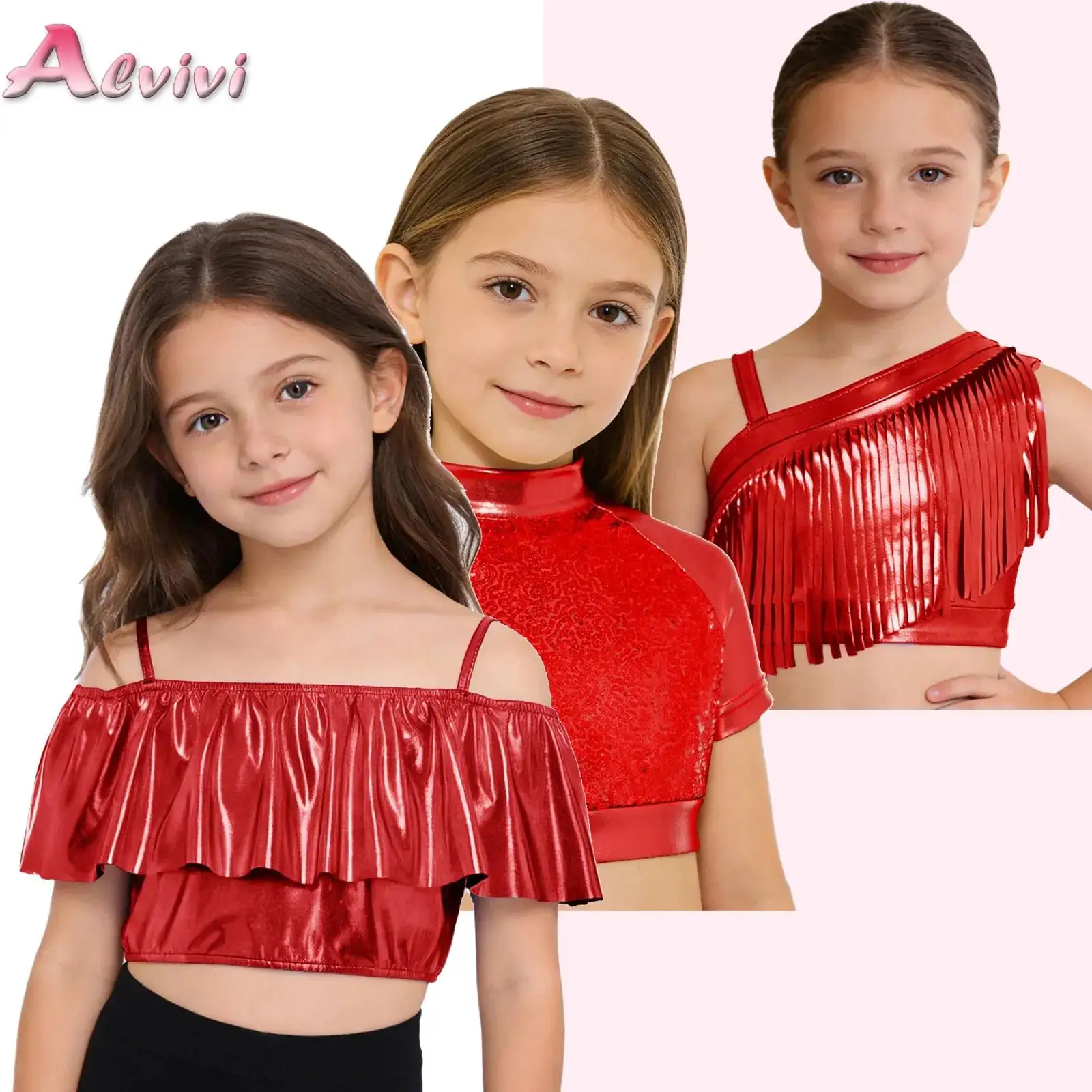 Kids Girls Sequins Metallic Dance Top Short Sleeve Shiny Sequins Metallic Crop Top for Hip Hop Jazz Modern Ballet Disco Dance