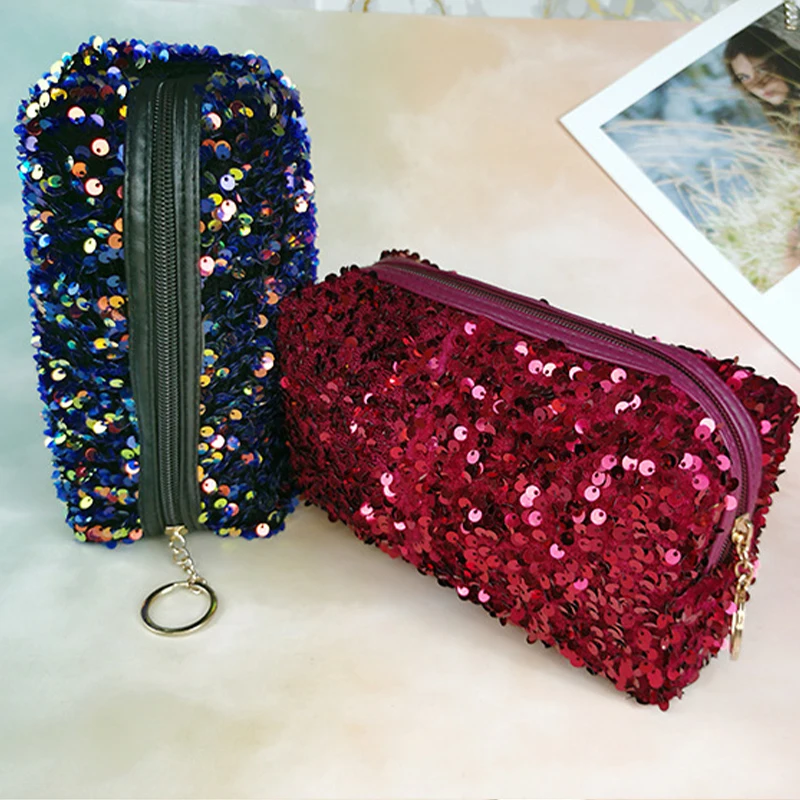 Sac à cosmétiques brodé à paillettes pour femmes, sac de maquillage à paillettes, rangement de voyage, pochette à fermeture éclair de grande capacité, sac à main de toilette
