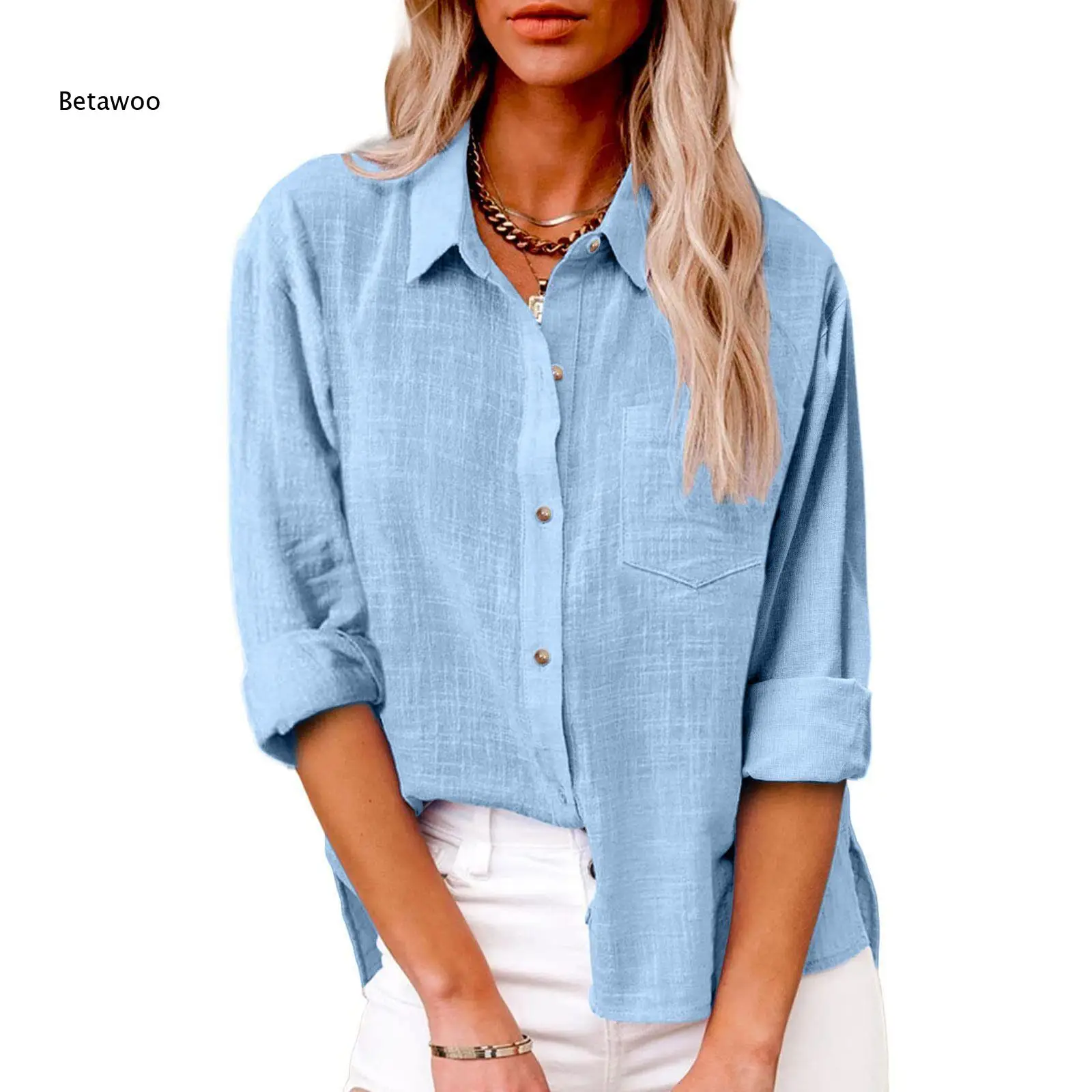 Vintage Pink Textured Woven Linen Shirt Lapel Rollable Long Sleeve Chest Pocket Oversized Breathable Casual Work Blouse 6