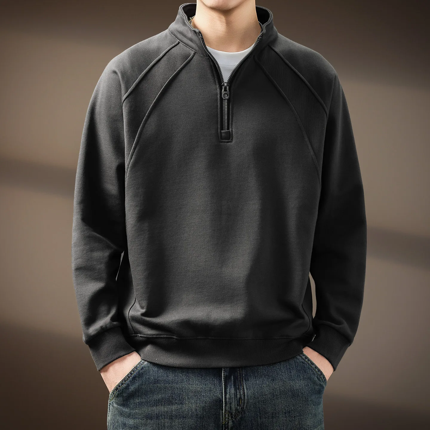 

Мужской свитшот премиум-класса с воротником-стойкой на молнии до середины груди, однотонный, осенний, новый стиль, свободный крой, модный, с контрастными вставками, базовый пуловер