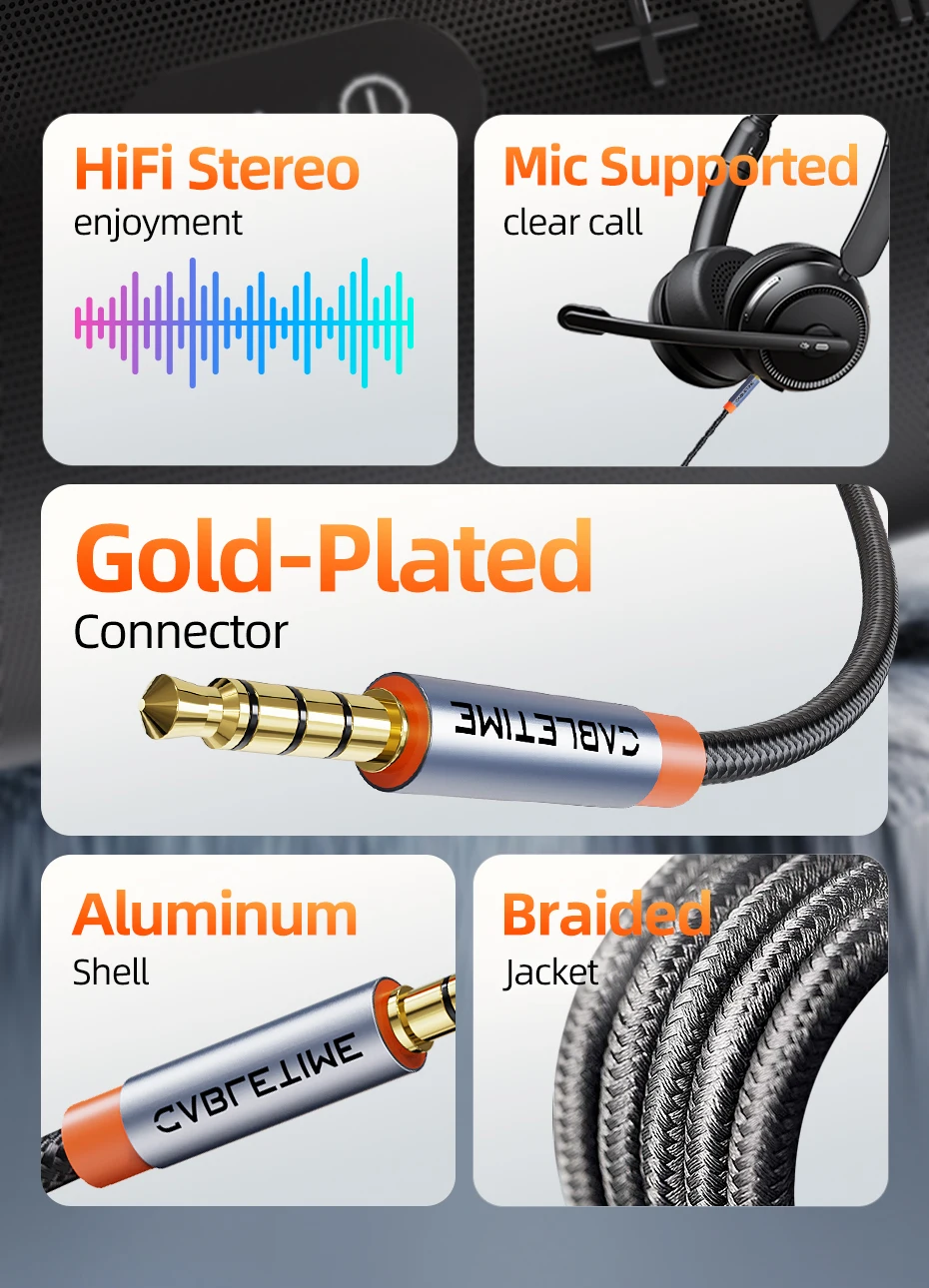 CABLETIME 3,5 mm Aux-Kabel 4-poliges TRRS 4-Leiter-Hilfs-Aux-Kabel für Telefon-Headset, Mikrofon, Auto, Musik, HiFi-Funktion, Audio – Detail 2