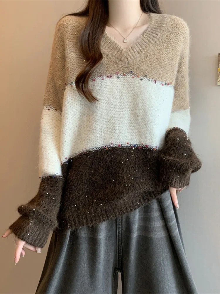 

Korean Sle V-Ne Knitwear Women's Loose Soft Glitter Striped Sweater Spring New plus Size Big MM Comfortable Top