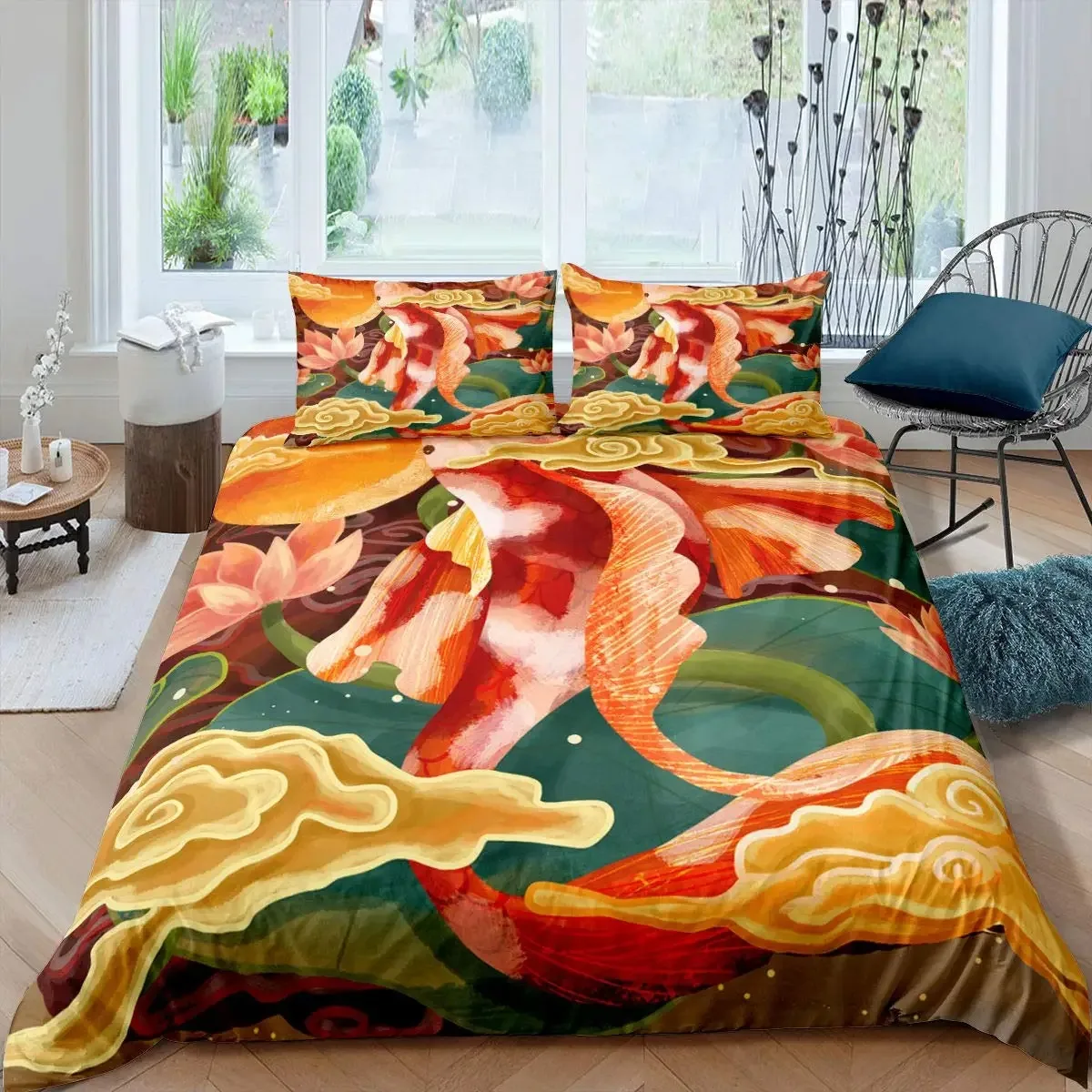 Koi Fish Duvet Cover Set King Size Oriental Asian Culture Lotus Bedding Set Microfiber Twin Cloud Quilt Cover For Girl Farmhouse