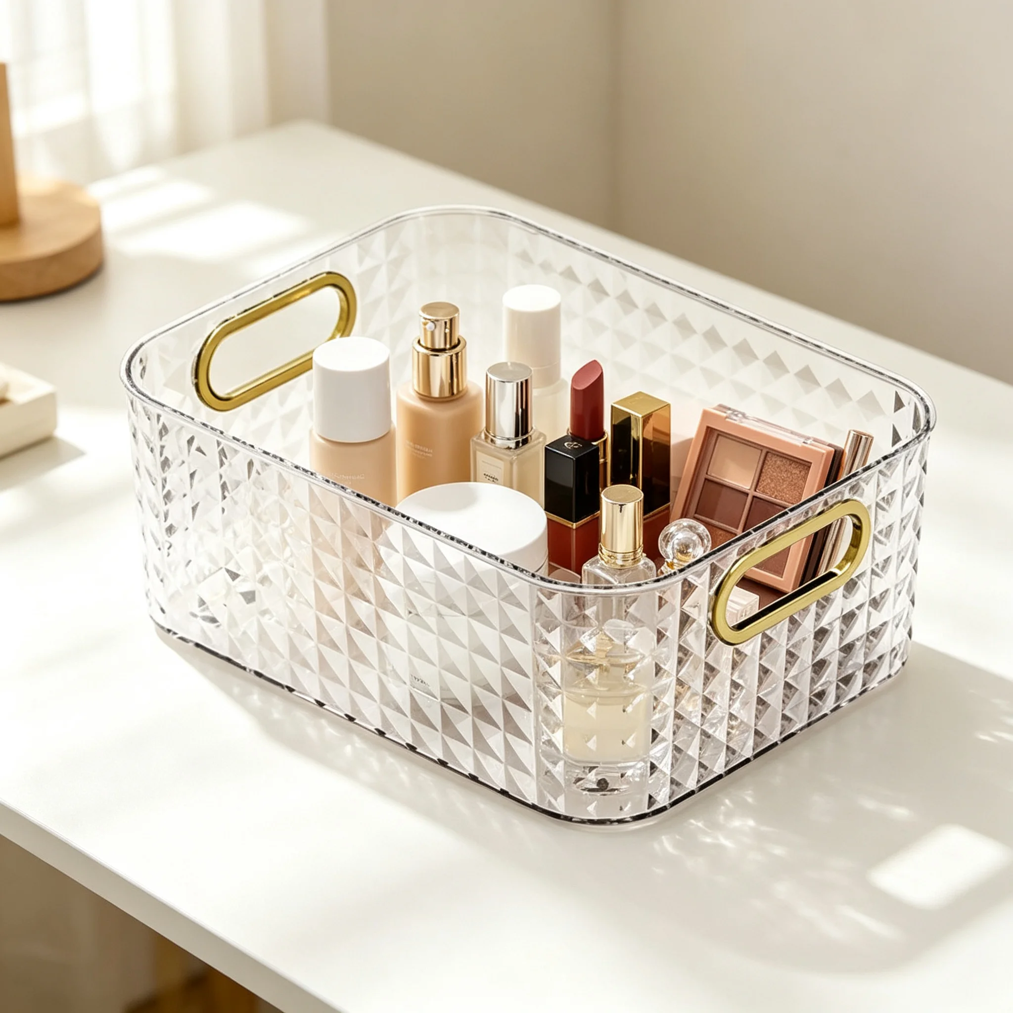 Acrylic Makeup Organizer Clear Cosmetic Storage Basket with Gold Handles Skincare Perfume Lipstick Holder for Vanity Dresser