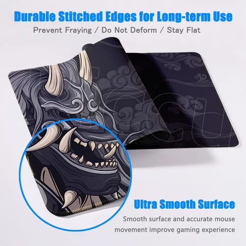 Imagen 2 del producto Alfombrilla de ratón gris diablo japonés, alfombrilla grande para ordenador Gamer, alfombrilla para mesa con borde de bloqueo, alfombrilla para ratón Oni para ordenador portátil, alfombra de goma antideslizante con estampado HD para teclado