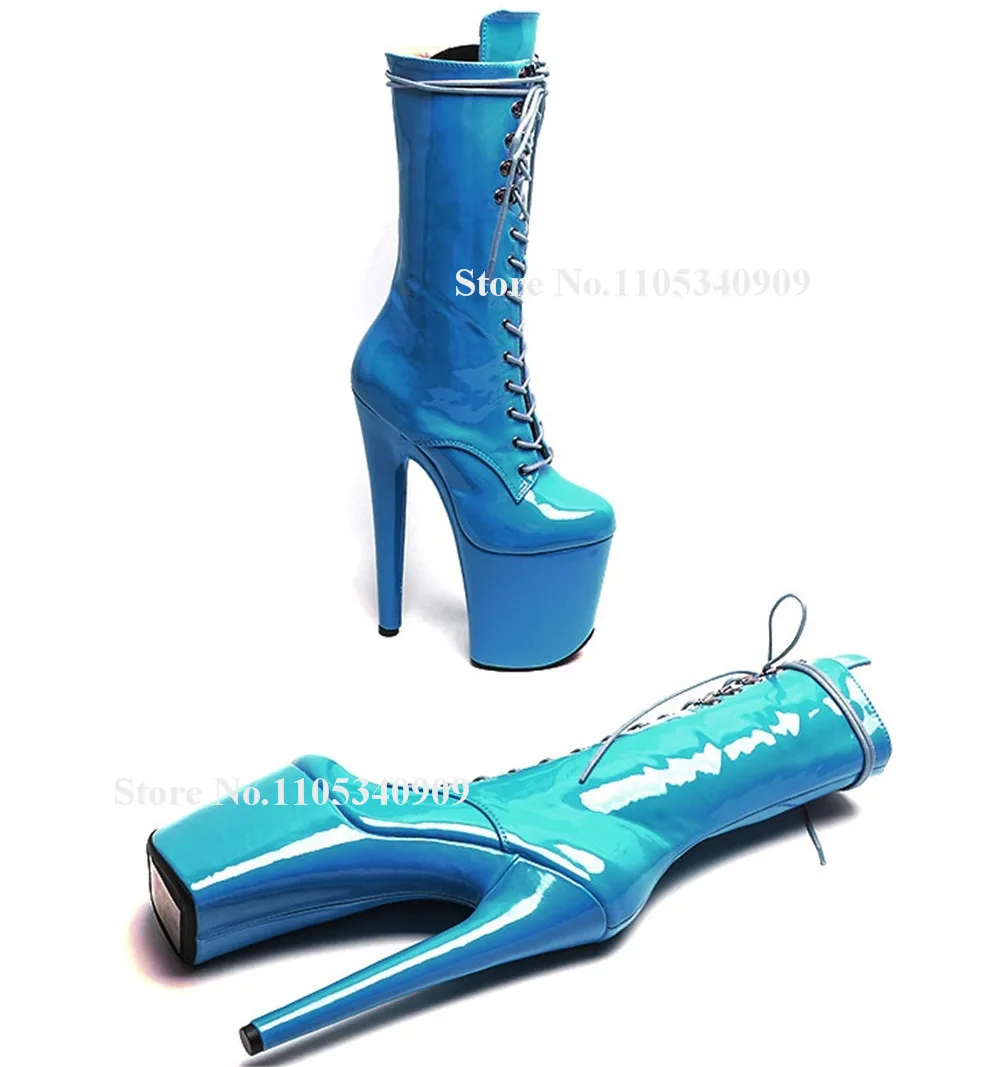 Bondarenko Blue Patent Leather Stiletto Heel Short Boots Round Toe Lace-up High Platform 20cm Super High Heels Dance Shoes