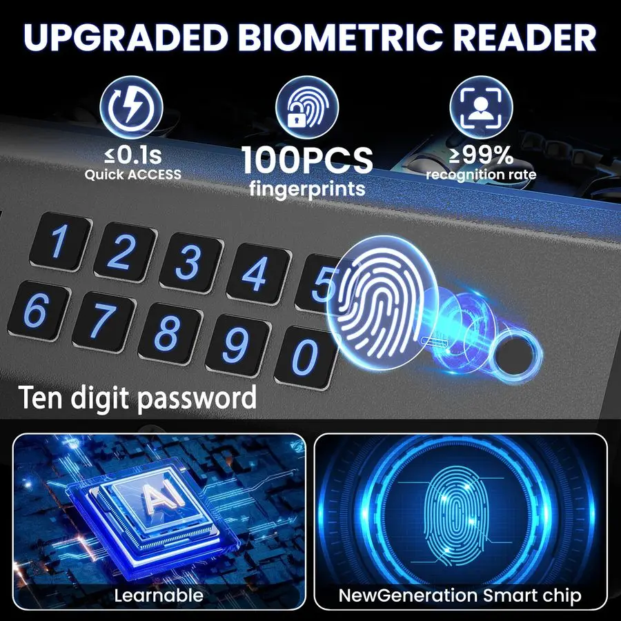 Cofre para armas, pistola biométrica de 4 maneiras, seguro recarregável com teclado de impressão digital, bloqueio de aplicativo, controle APPC, display LCD, energia de emergência
