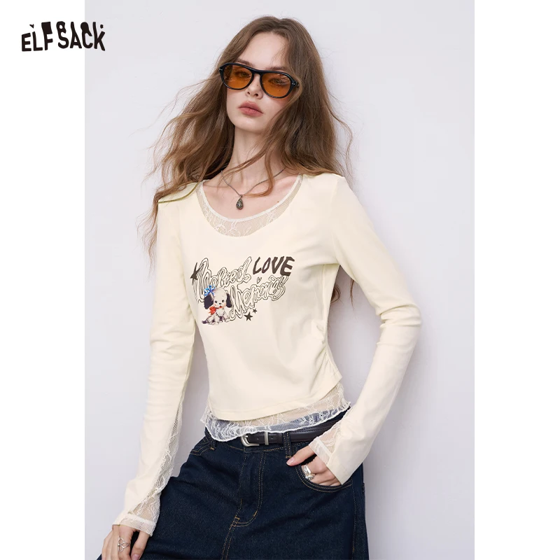 

ELFSACK 2025 Autumn New Arrival Elegant White Lace Panel Print Tee Fitted Light Blouse For Woman