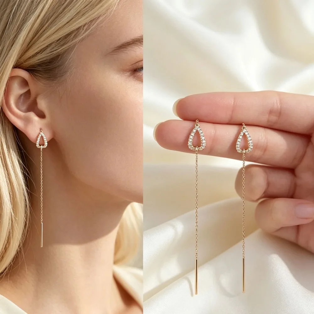 Long Hanging Threader Ear Line Earrings Rose Gold Zircon Crystal for Women Daily Wear Party Accessories