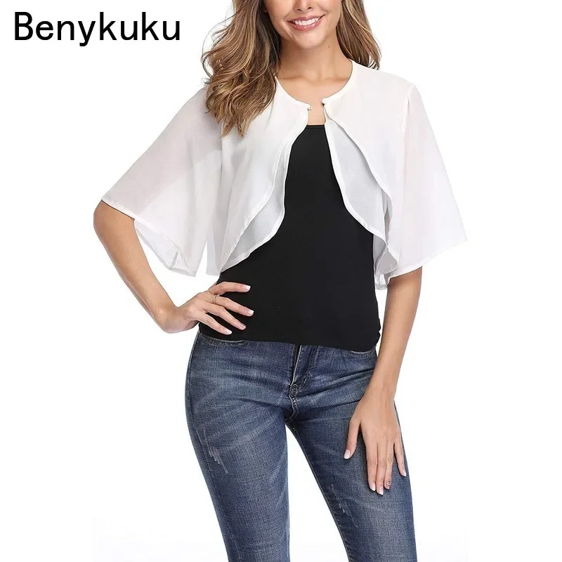 Summer Solid Chiffon Shirts Capes Women Half Sleeve Shrug Open Front Bolero Tops Cardigan Elegant Female Clothes Black White Red