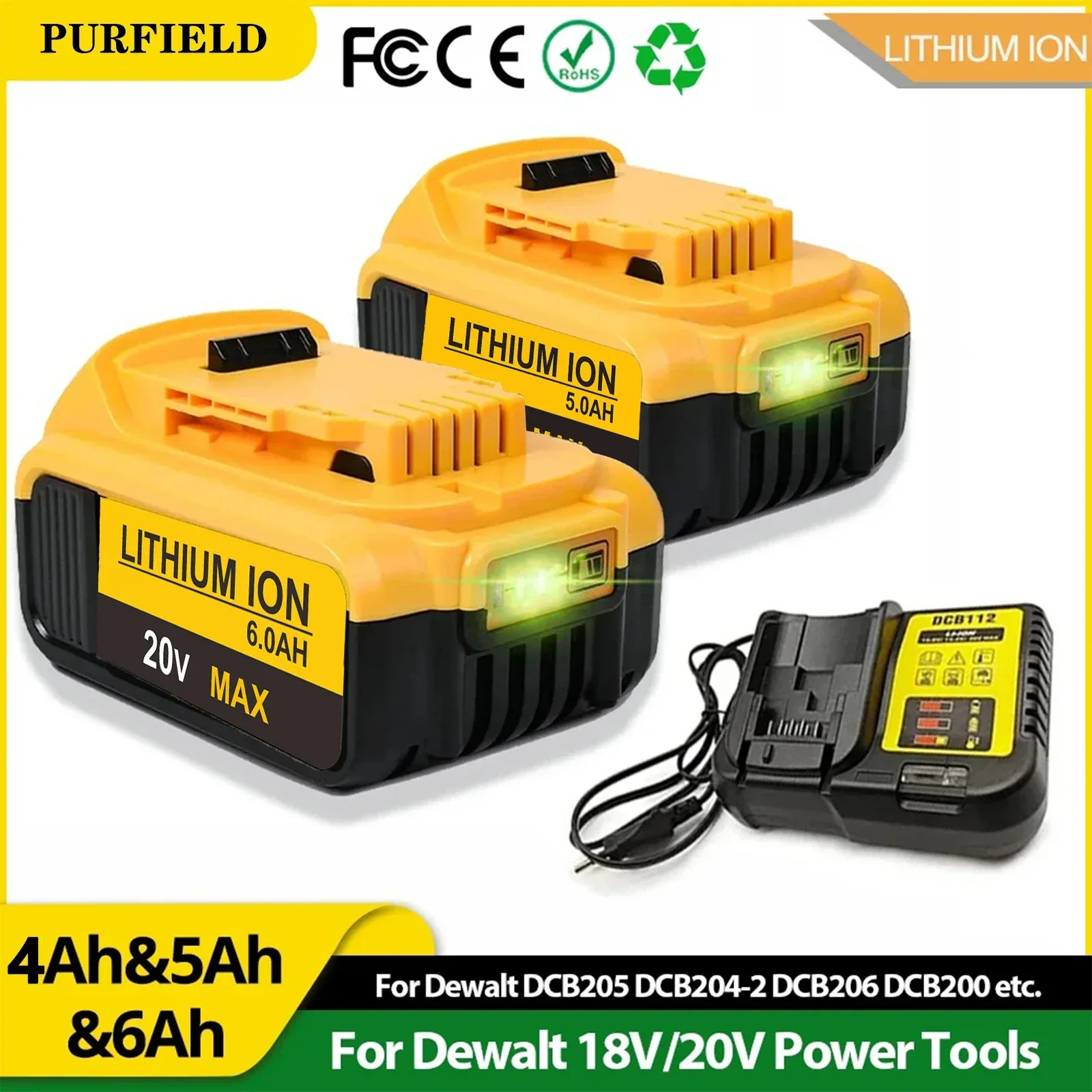 PURFIELD 4.0 5.0 6.0Ah for Dewalt 18V 20V power Tools rechargeable electric Accessories Lithium batteries Replace DCB200 DCB184