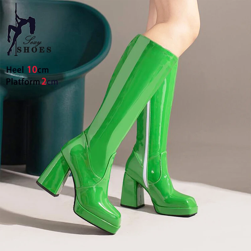 

Knee-High Platform Boots With Heels Side Zipper Women Shoes 2024 New 10CM Green Square Toe High Heels Plus Size Knight Boots 43