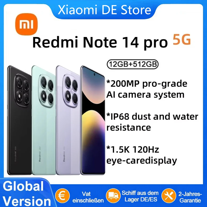 Version mondiale Redmi Note 14 Pro 5G Smartphone 5G 200MP système de caméra AI de qualité professionnelle IP68 1.5K 120Hz Xiaomi