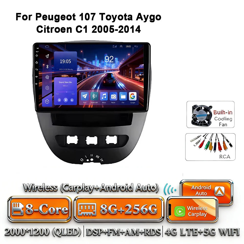 Android 17 Carplay Auto 4G WIFI autoradio voor Peugeot 107 Toyota Aygo Citroen C1 2005-2014 GPS BT DSP touchscreen multimedia