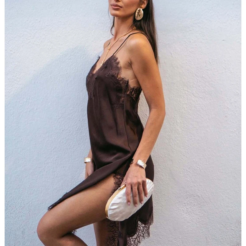Vestido de encaje para mujer, mini vestido de satén sin espalda para verano, vestido asimétrico de fiesta, sexy para playa 2