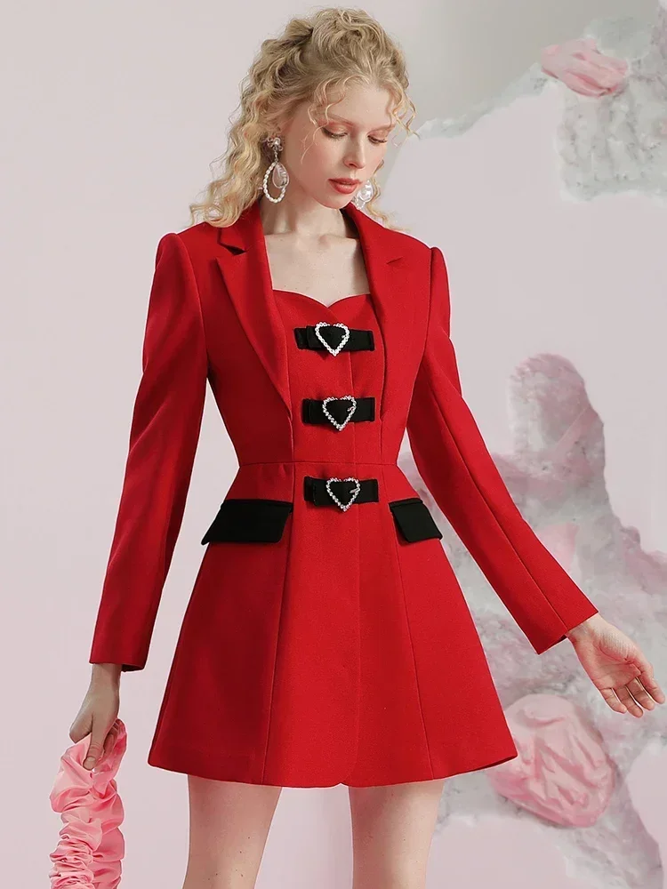 2023 inverno nuovo elegante temperamento rosso Mini abito ufficiale Design semplice amore colletto rovesciato donne vestono abbigliamento donna