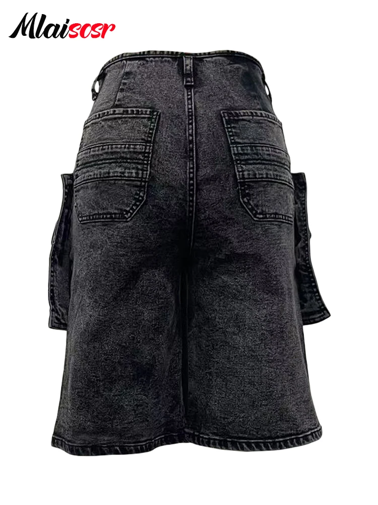 Mlaiscsr Vintage Pocket Cargo Straight Wide Leg Jeans Blue Denim Knee Length Pants Shorts Women Streetwear Trousers Bottoms y2k