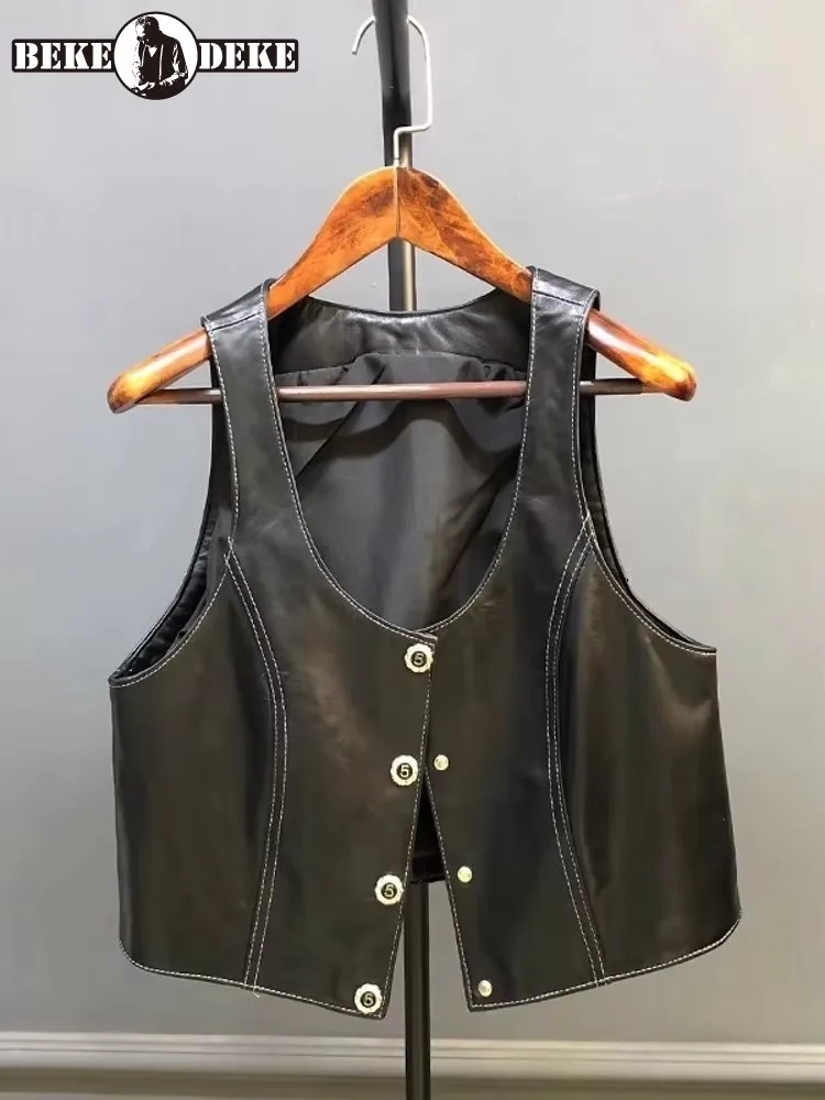 

High Street Women Deep U Neck Single Breasted Sheepskin Genuine Leather Vest Casual Sleeveless Jacket Vintage Autumn Waistcoat