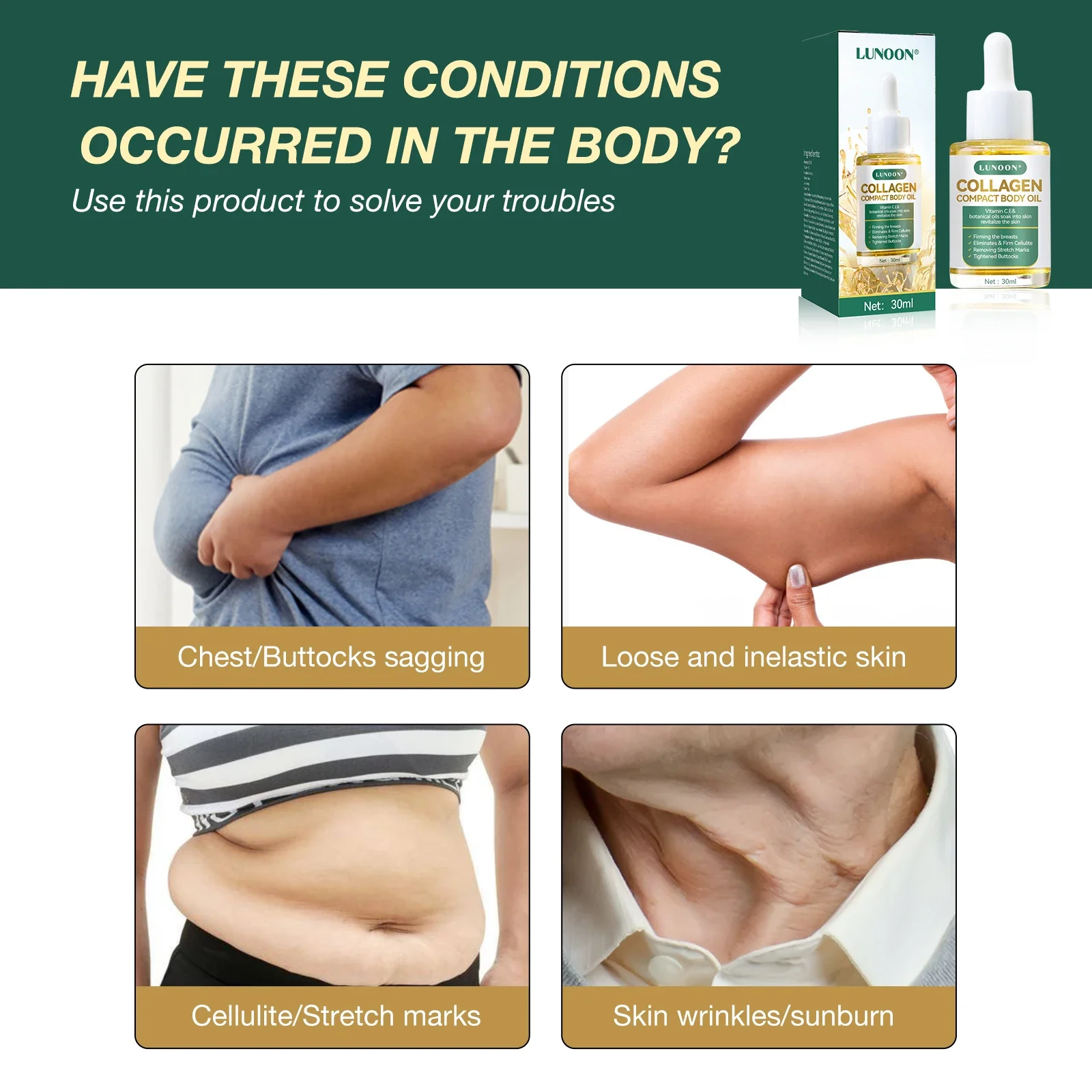 Kompaktowy olejek do ciała z kolagenem, redukuje zmarszczki i rozstępy, powiększa objętość skóry na biuście i pośladkach, równoważy hormony, pielęgnacja skóry dla kobiet.