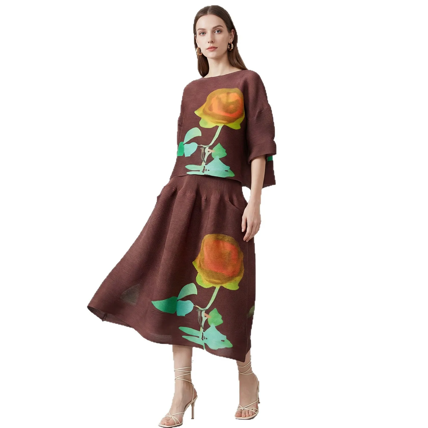 Miyake Pleated 2026 Spring/Summer Dressy Pleated Skirt Set Summer Premium Feeling Printed One Neck Top Elastic Waist Half Skirt