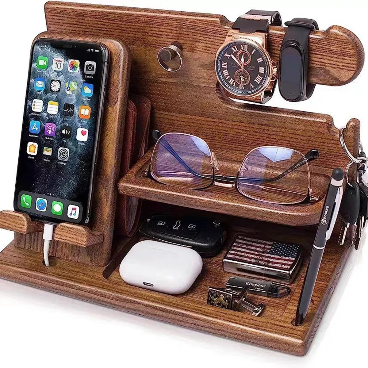 Gifts for Men Wood Phone Docking Station Fathers Gift Nightstand Desk Organizer Gifts for Dad or for Him Birthday Anniversary