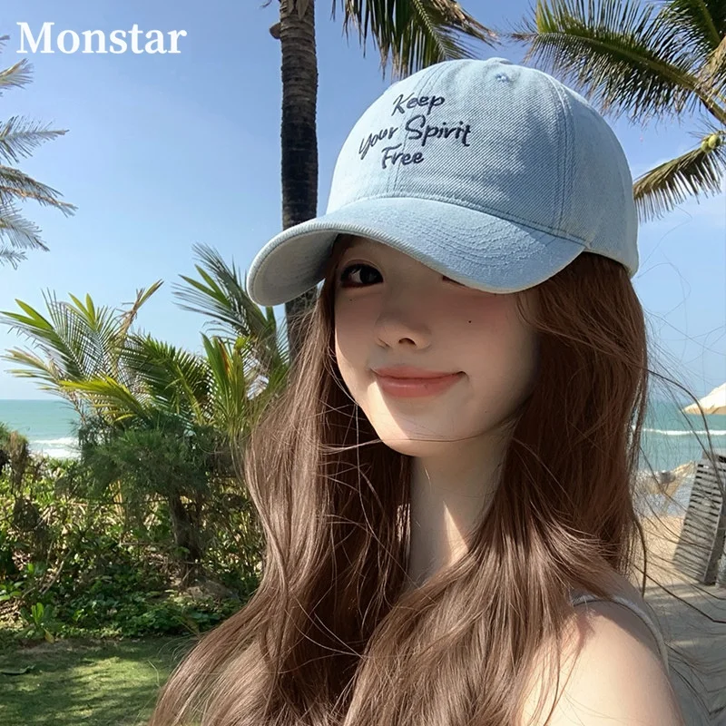 monstar-wide-brim-baseball-cap-unisex-denim-cowboy-hat-adjustable-round-top-sunshade-hat-for-teens-and-adults-korean-style