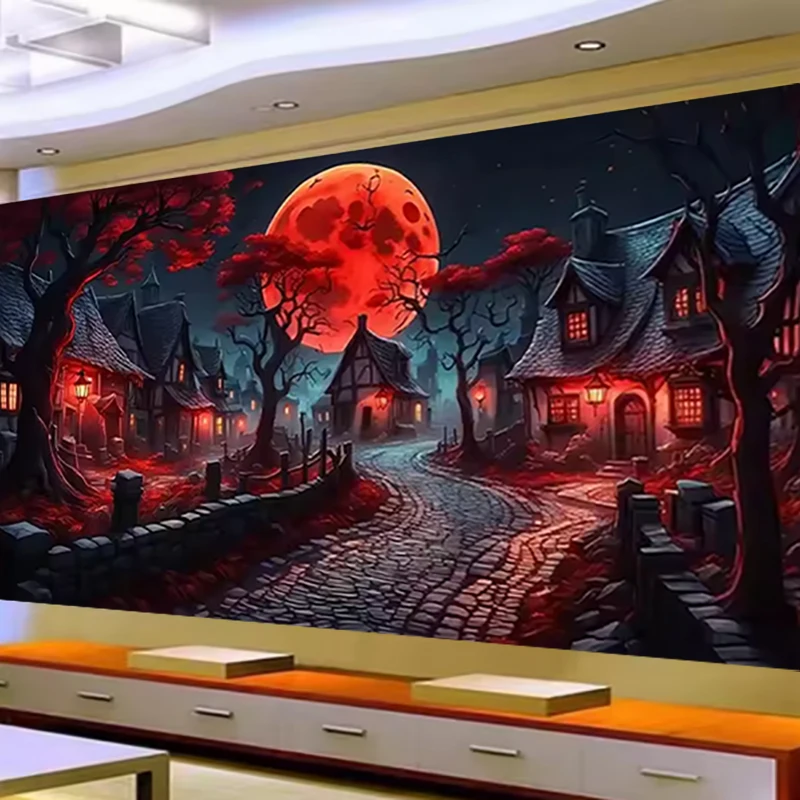 5D Mysterious Ancient Village Blood Moon DIY Diamond Art Painting Kits, Full Round Drill Diamond Art Kits For Adults Beginner