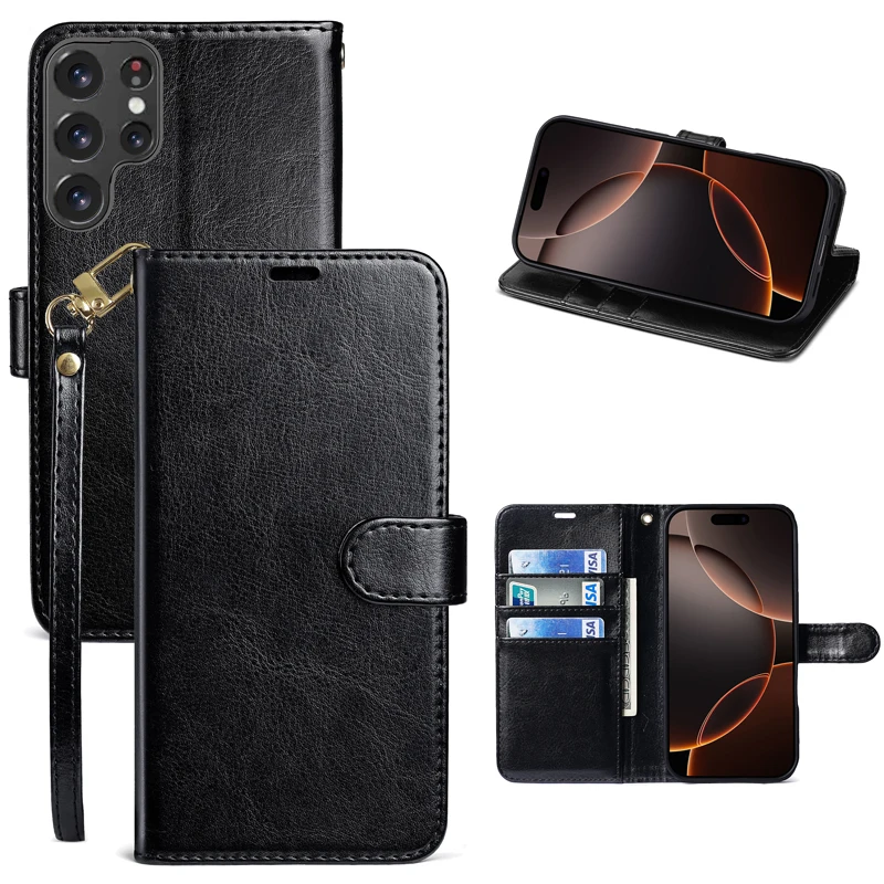 

Flip Leather Wrist Strap Phone Case for Samsung S25 FE S23 Ultra S24 Plus A26 A16 A17 A36 A56 Wallet Card Slots Holder Cover