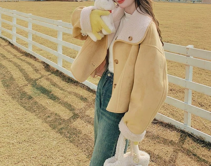 Two Sided Fur One-piece Short Jacket for Women's Autumn and Winter New Style  Age Reducing Lapel Small Lamb Wool Top