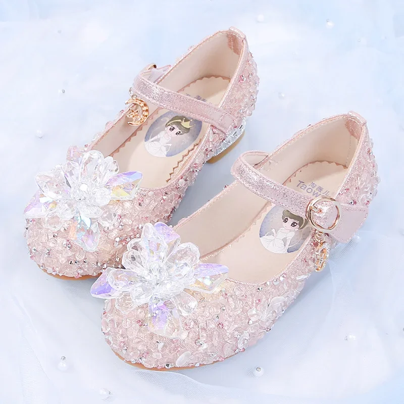 

2024 New Children's Mary Jane Leather Shoes Fashion Crystal High Heels Lightweight Anti Slip Casual Shoes Girl's Princess Shoes