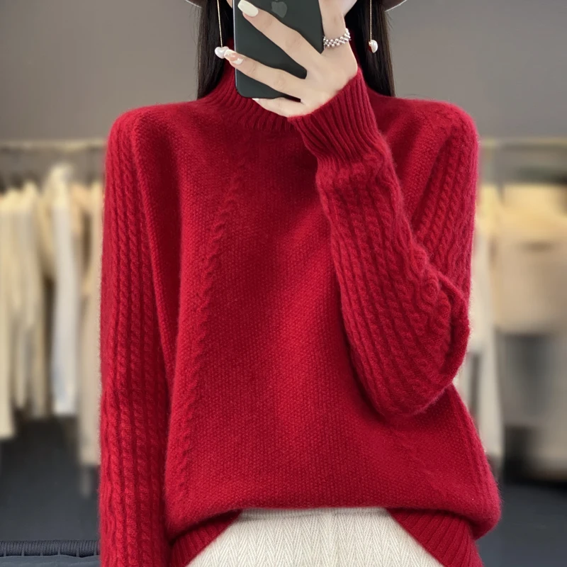 100% Merino Wool Stylish Turtleneck Sweater Women Tops Solid Color Knit Clothe Autumn Winter New Loose Casual Commute Pullover