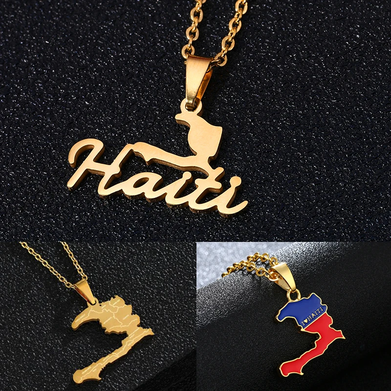 Fashion Haiti Map Falg City Pendant Necklace Gold color Stainless Steel Men Women Country Map Jewerly Repiblik Ayiti Gift