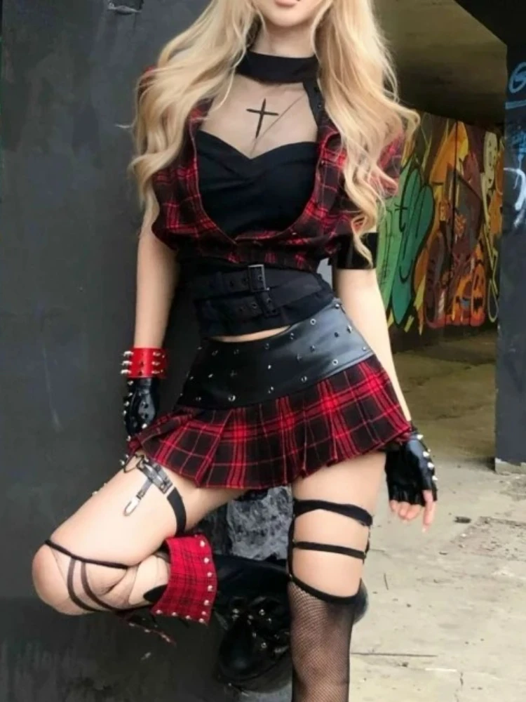 

Gothic Retro Plaid Patchwork 3 Piece Set Women Chic Short Coat + Hang Neck Tops + Pleated Skirt New Subculture Vintage Slim Suit