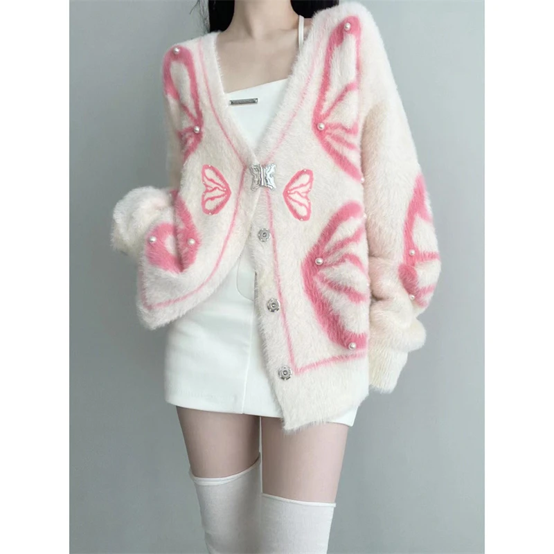 Winter Women Trendy Sweet Chic Kawaii Y2K Soft Single Breasted Knitted Cardigan Casual V Neck Long Sleeve Oversized Sweater Coat