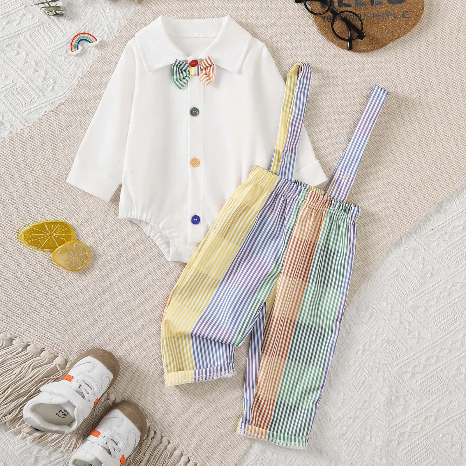

Baby Boy Outfit Set Long Sleeve Shirt Romper And Fashion Color Block Striped Suspender Pants Comfortable Soft Two Piece Sets