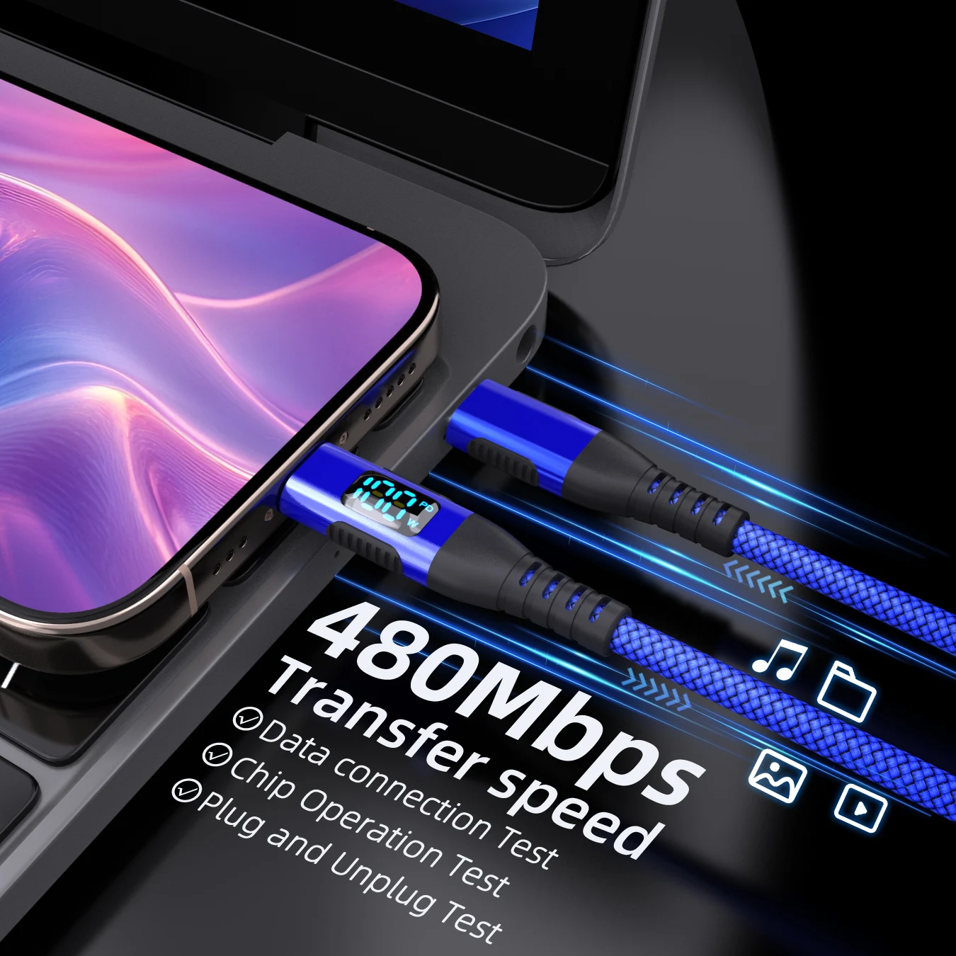 BCVS USB-C-auf-USB-C-Kabel, 100 W, mit digitaler Anzeige, für schnelles Laden, geflochtenes Nylonkabel, Typ-C-Datenkabel, PD 100 W, für iPhone und Samsung Galaxy. – Detail 4