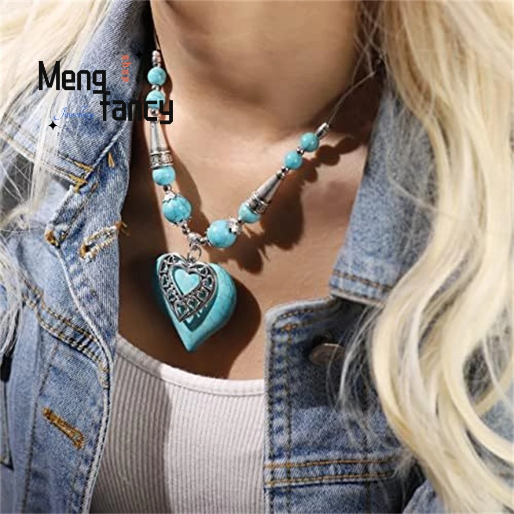 عالية الجودة البوهيمي الفيروز الرجعية القلب قلادة القرط مجموعة الأزياء والمجوهرات الفاخرة قلادة أفضل بيع رائعة أنيقة #3