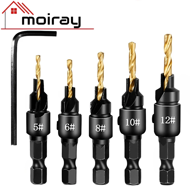 Wood Countersink Drill Bit Set, 4/5pcs Countersink Drill Bit #5 6 8 10 12 Tapered Drill Bits Counter Sinker Drill Bit Set HSS