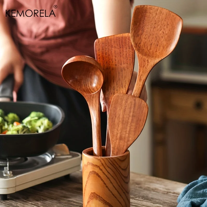 4PCS Wooden Spatula Long Handle Rice Spoon Wooden Soup Spoon Spatula Cooking Spoons Kitchen Accessories House Kitchenware Set