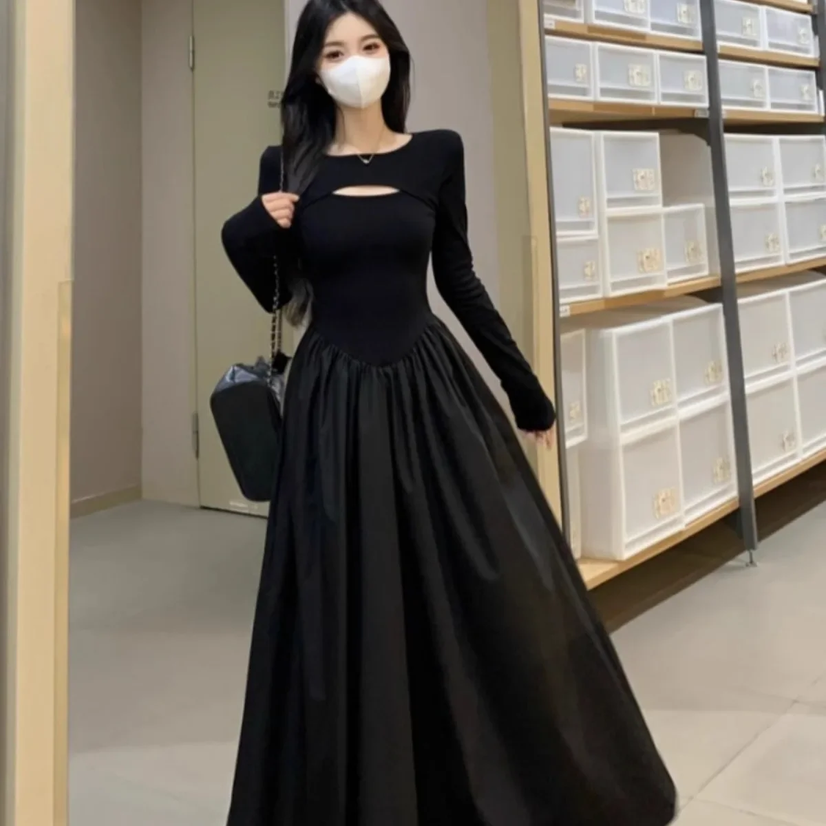 أنيقة سوداء الفرنسية خمر فستان طويل المرأة الراقية هيبورن ملابس داخلية فستان آلهة نمط مخفي سستة إغلاق تنورة