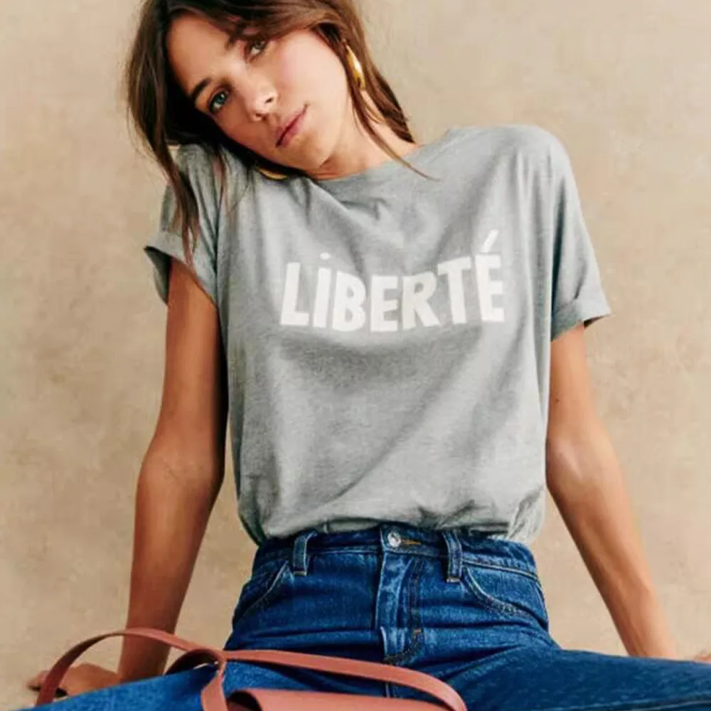 Liberte French Letters Printing Female Elegant Short Sleeve T Shirts Summer Loose Cotton Casual Tops Ins Fashion Gray Tees