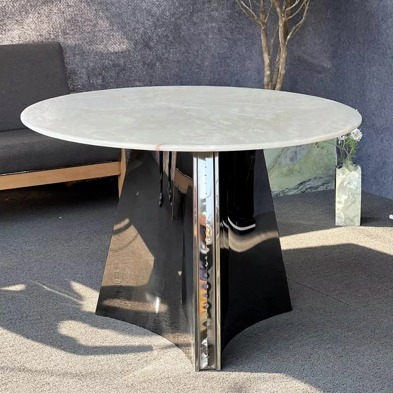 

Роскошный современный обеденный стол из мрамора с круглой столешницей из оникса и металлическими ножками для кухни и гостиной