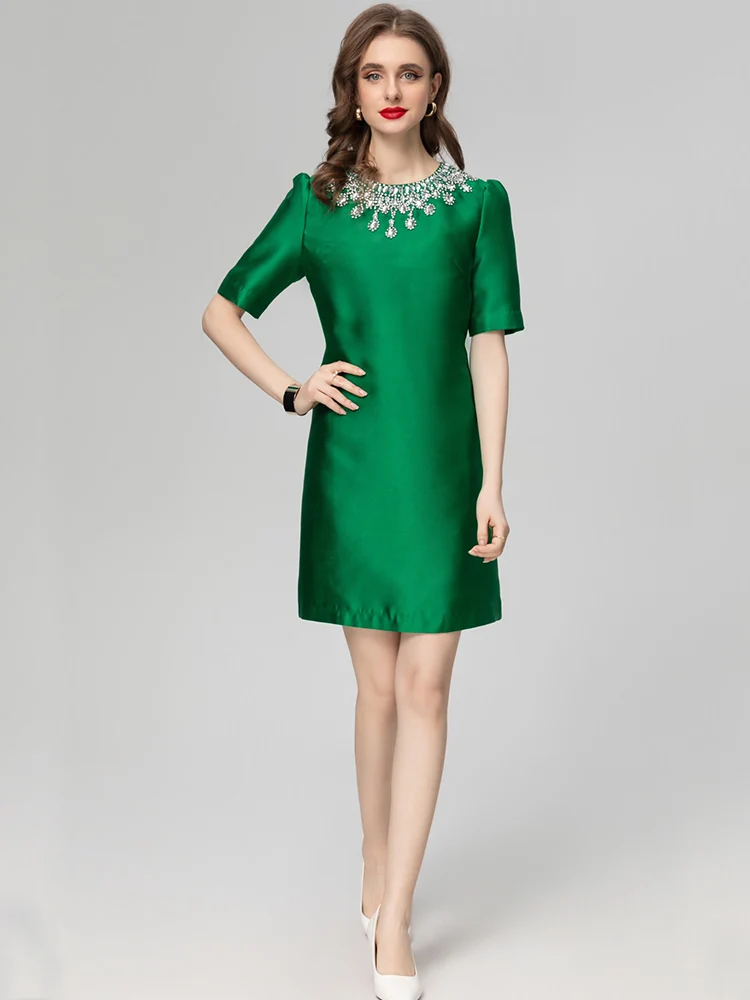 

Women's Rhinestone Beading O-Neck Short Sleeve Mini Dress, Green Color, High Street, Spring, Summer, Fashion