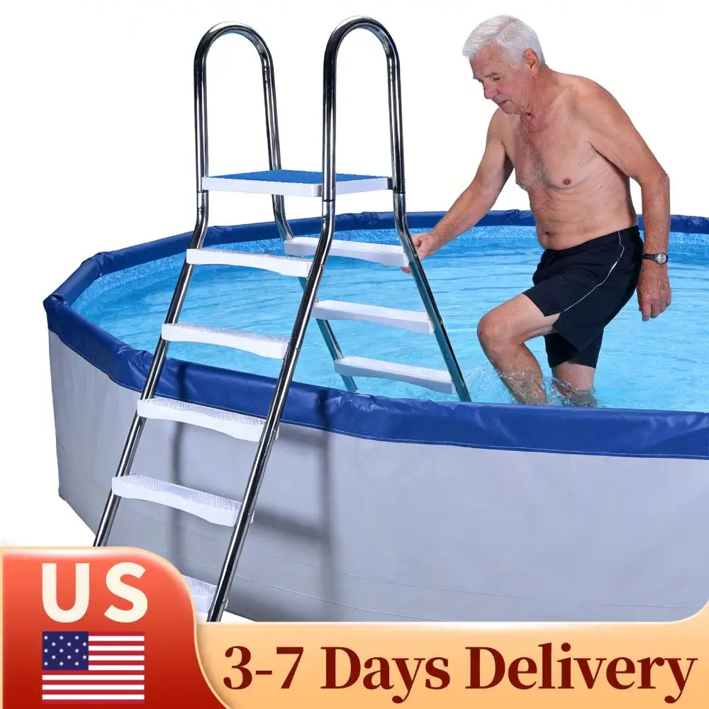 Escalera para Piscina Elevada de 52 Pulgadas de Altura, Acero Inoxidable 304, 5 Escalones con Barandillas Dobles y Peldaños Antideslizantes
