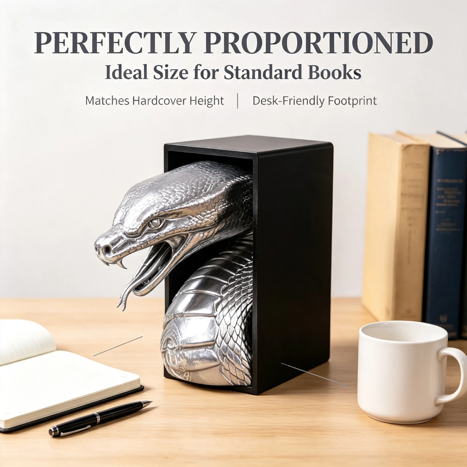 3D Printed Silver Snake Bookends, Metal Dragon Head Book Holder, Vintage Gothic Home Office Desk, Shelf Decor Unique Gift Men
