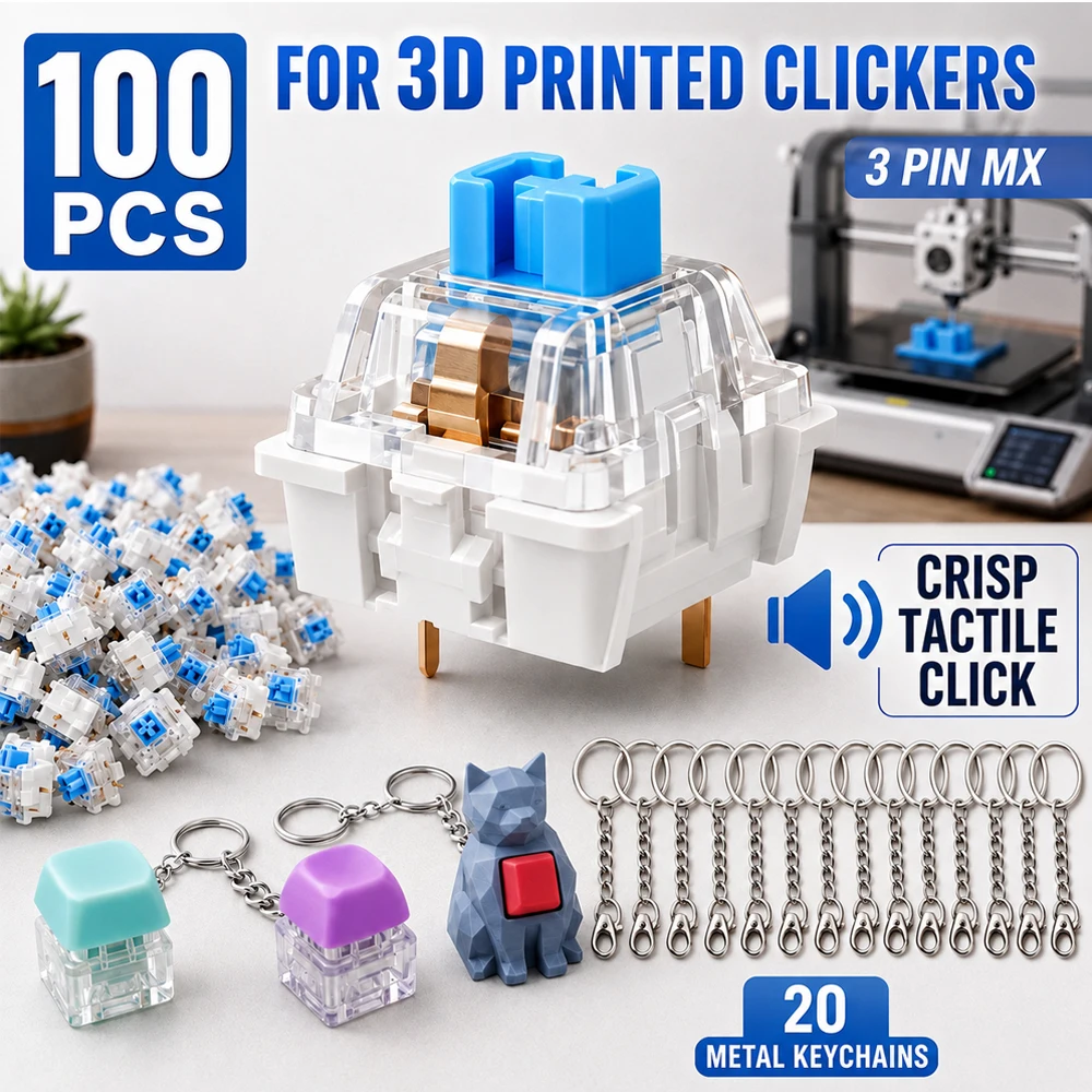 100 Peças de Interruptores Mecânicos Azuis de 3 Pinos MX Clicky para Projetos DIY de Fidget Clicker Impressos em 3D com 20 Chaveiros de Metal