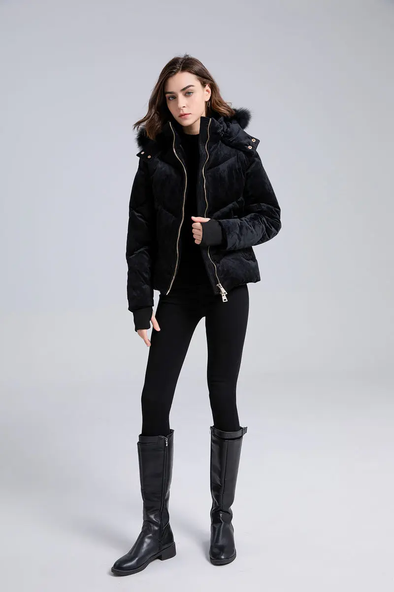 AS winter woman Velour / Vegan leather coat filled down outwear Detachable nature fur metal gold zipper