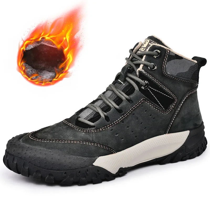 

Autumn Winter Outdoor Cotton Shoes Men's High Top Shoes Warm Plush Wear-resistant Soles Oxford Shoes Hiking Shoes Free Delivery
