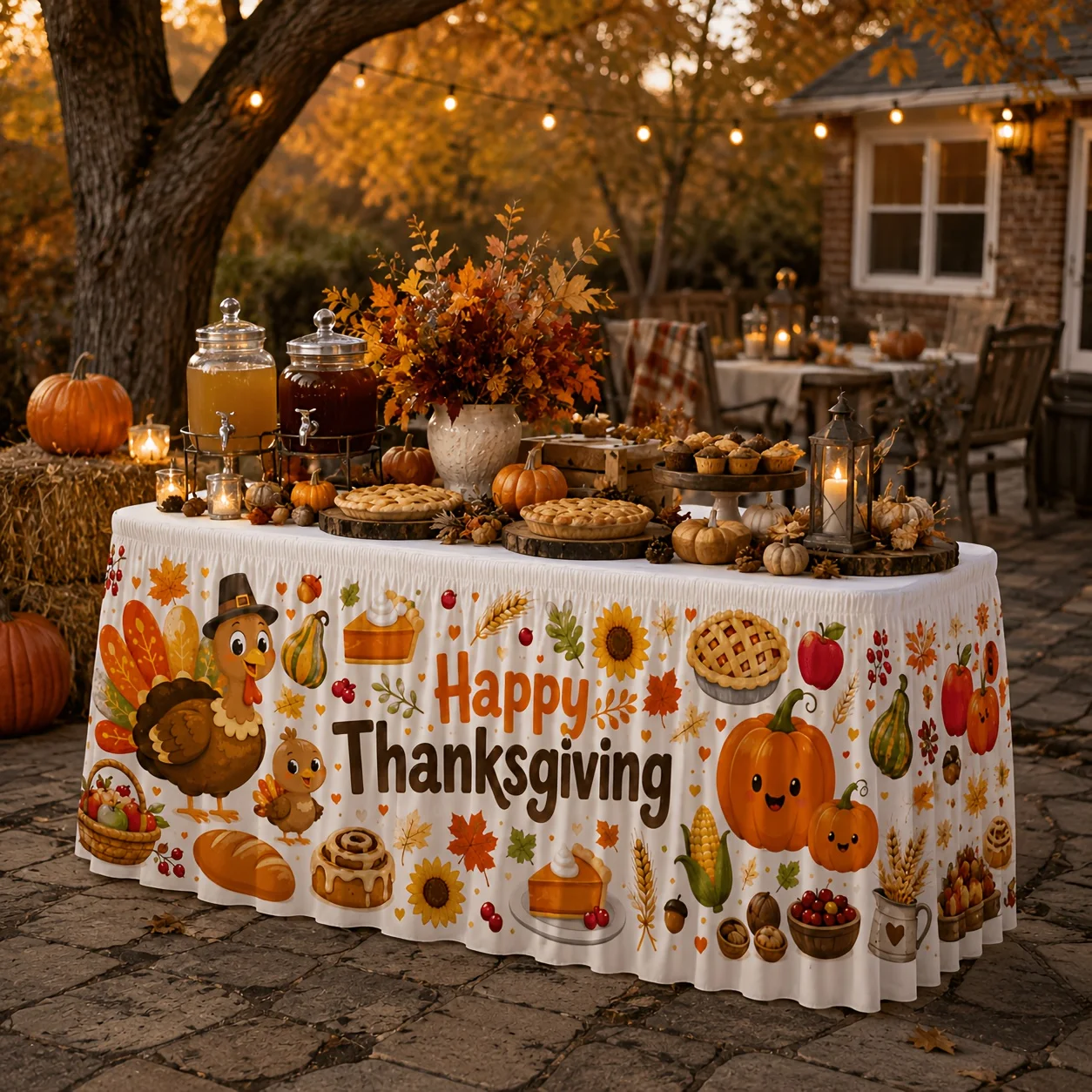 Tablecloth and table runner - One-piece table runner, featuring an image of autumn leaves and harvest foods on it.zyc